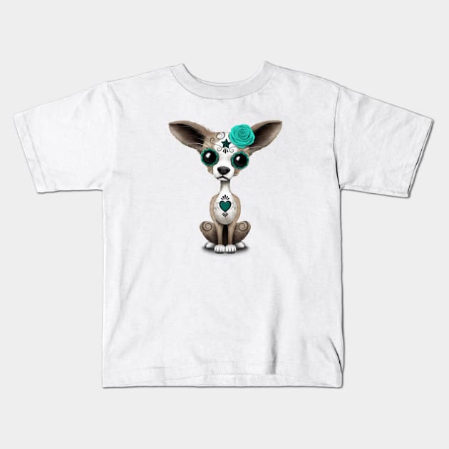 Teal Blue Day of the Dead Sugar Skull Chihuahua Puppy Kids T-Shirt by jeffbartels